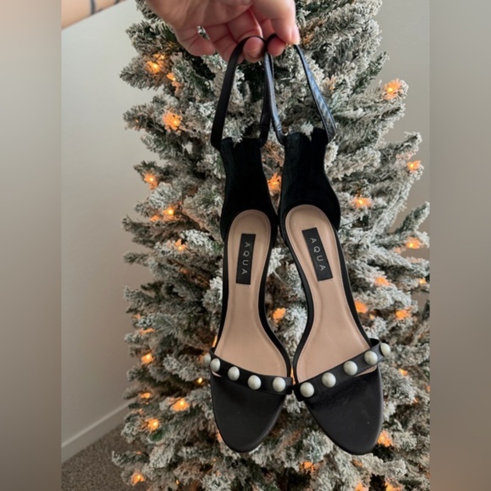 Aqua Black Heels with Pearl Details